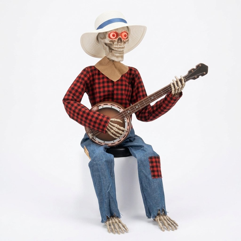 Sitting Banjo-Playing Skeleton Halloween Decoration with LED Glowing Eyes and Interactive Movement — Yellow