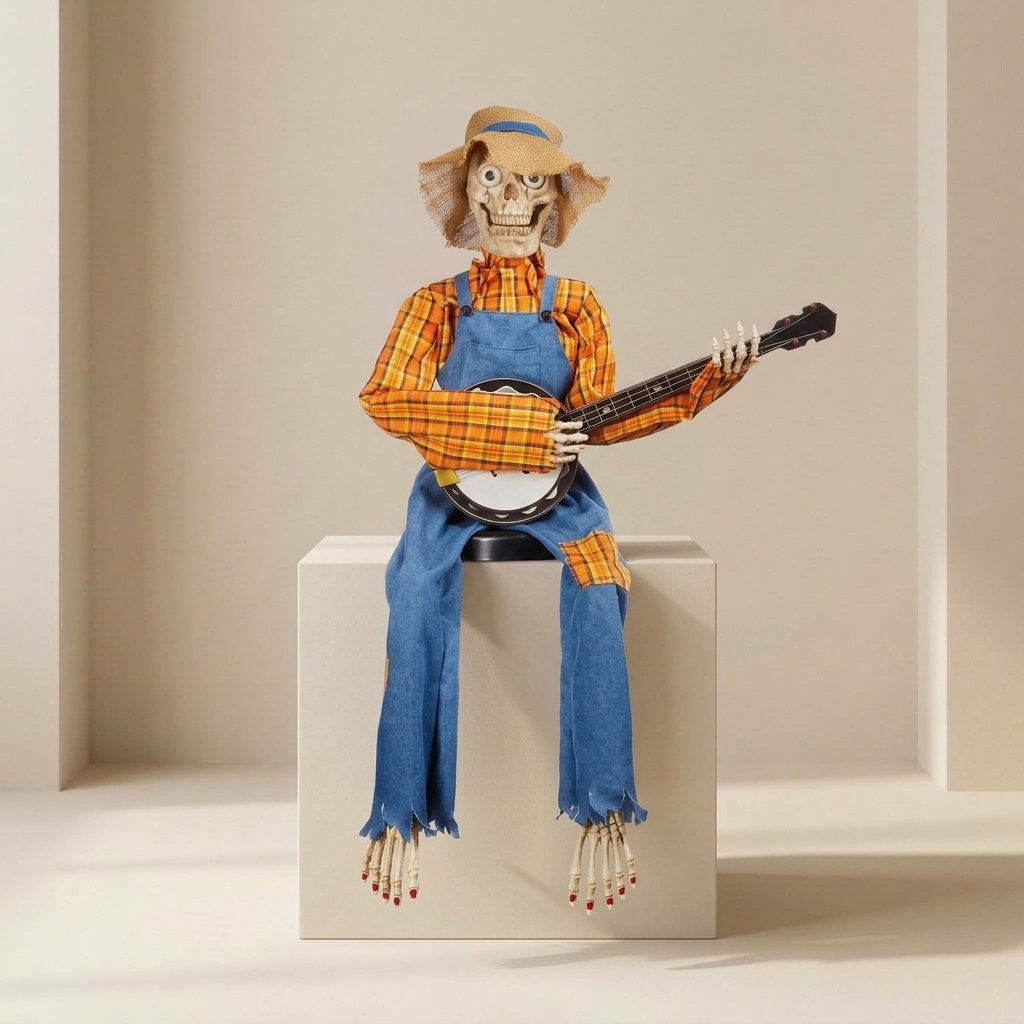 Sitting Skeleton Banjo Player with Glowing LED Eyes – Halloween Decoration — Yellow