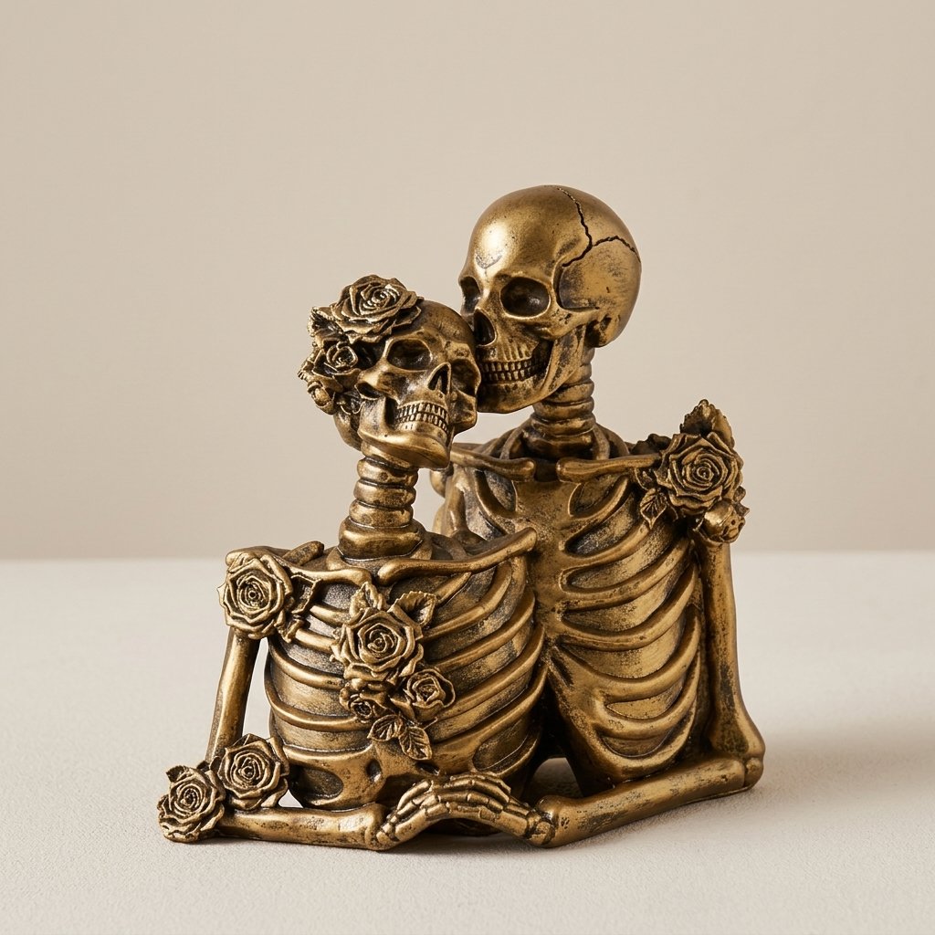Skeleton Couple Sculpture with Rose Detail – Gothic Romance Figurine in Two Styles — Antique Gold