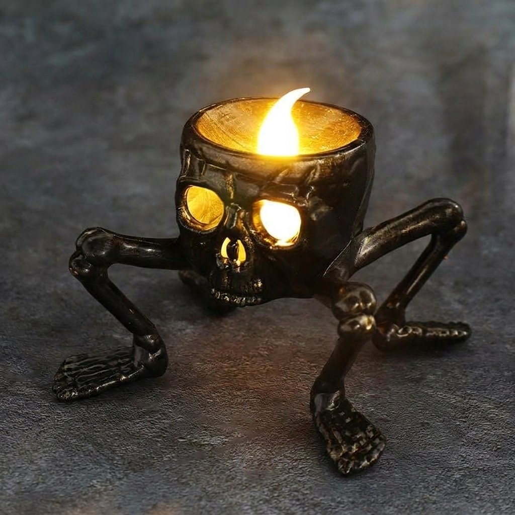 Skeleton Hand and Skull Flameless LED Tealight Candle Holder with Flickering Glow — Skull Candle