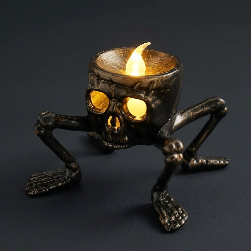 Skeleton Hand and Skull Flameless LED Tealight Candle Holder with Flickering Glow — Skull Candle