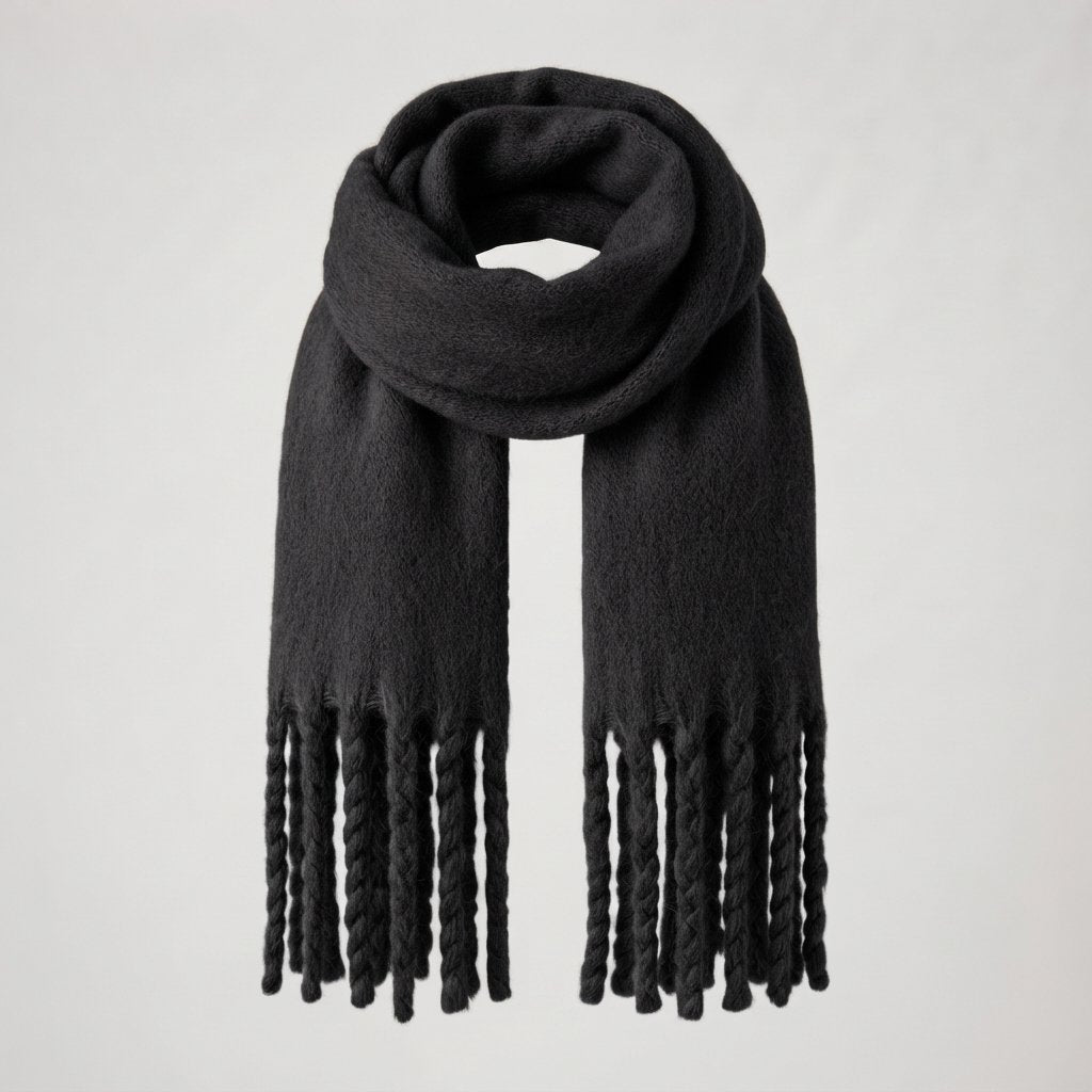 Soft Fringed Scarf – Fluffy Winter Wrap — Black