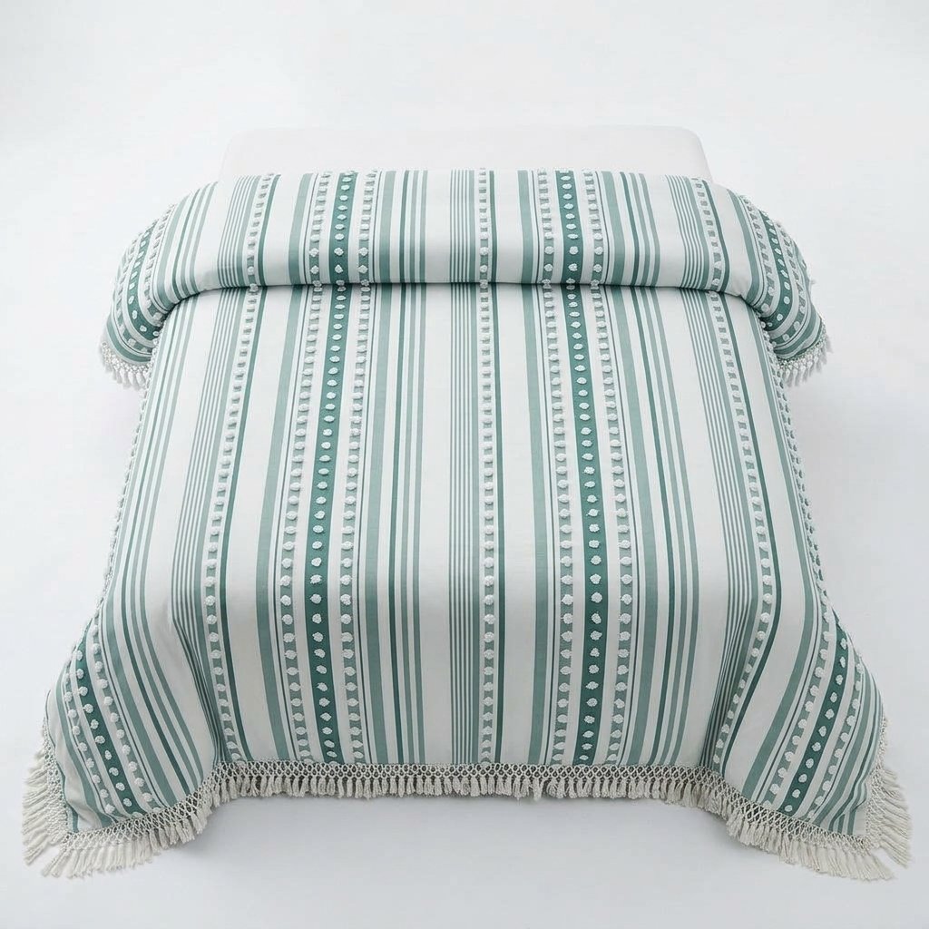 Striped Cotton Duvet Set with Tassel Detail — Green