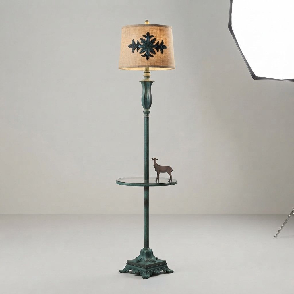 Vintage Floor Lamp with Glass Shelf, Green Resin & Metal — B