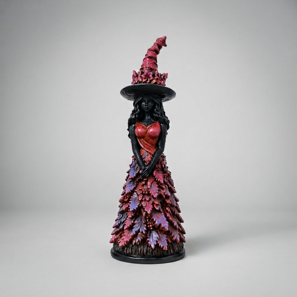 Witch figurine with leaf dress and pointed hat, gothic autumn decoration in four colours — Purple