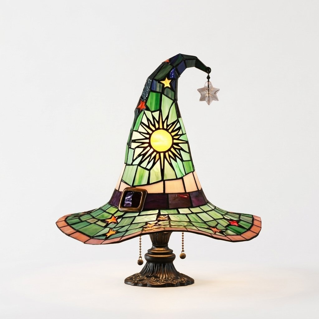 Witch Hat Tiffany-Style Stained Glass Accent Lamp with Star and Sun Motifs — Green
