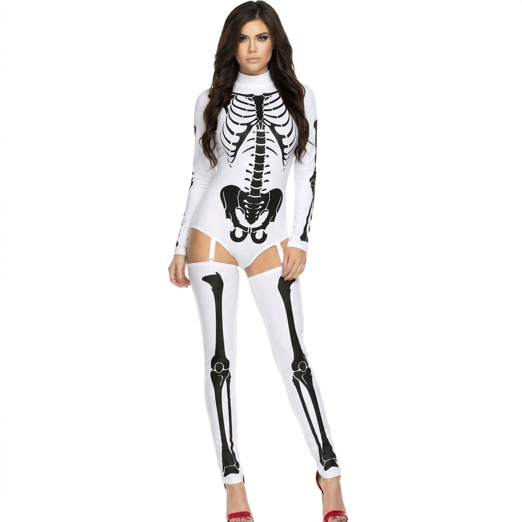 Women's Skeleton Print Halloween Bodysuit with Thigh-High Leggings and Garter Straps — White