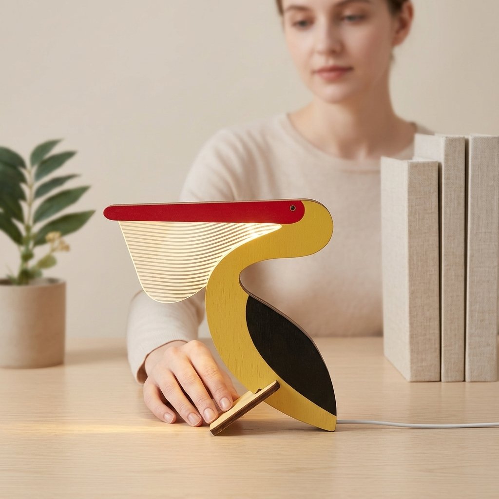 Wooden Animal LED Table Lamp, Sculptural Nordic Design — Pelican 17cmx17cm / 7" × 7"