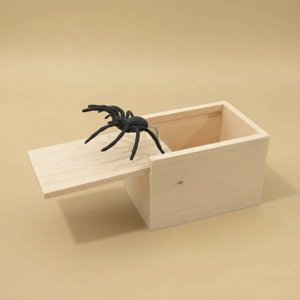 Wooden Spider Jump-Scare Prank Box with Spring Mechanism — B