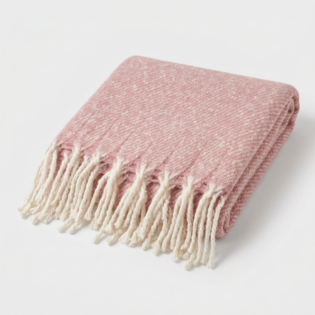 Woven Tasselled Throw with Herringbone Texture — Pink