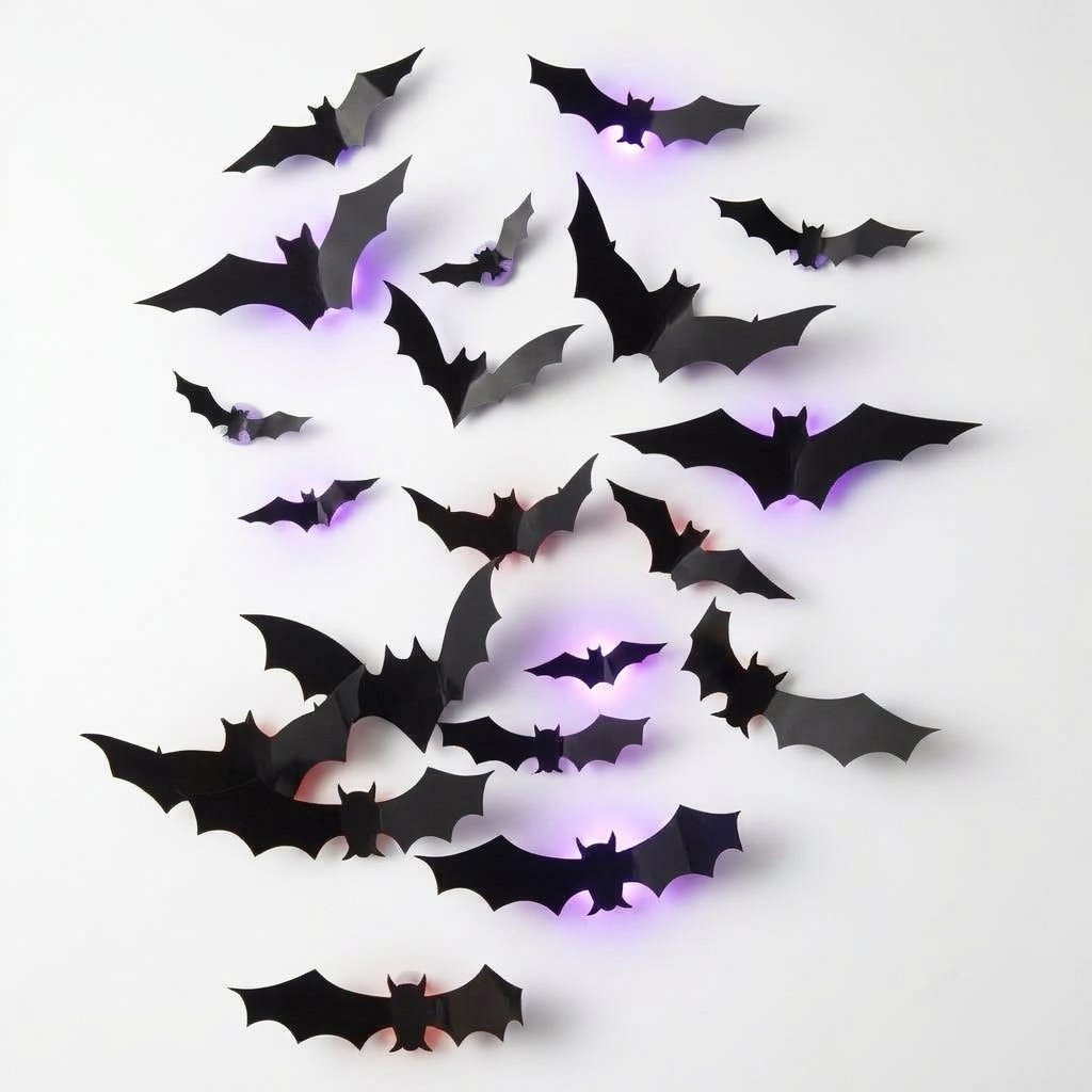 3D Bat Wall Decals with LED Backlights – Peel and Stick Halloween Wall Decoration — 36  pieces