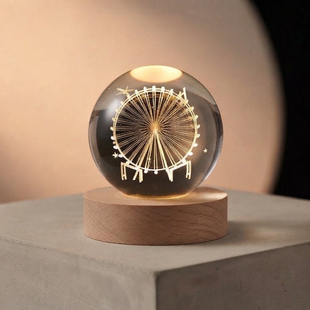 3D Crystal Ball Night Light with Wooden Base — 6CM Ferris wheel