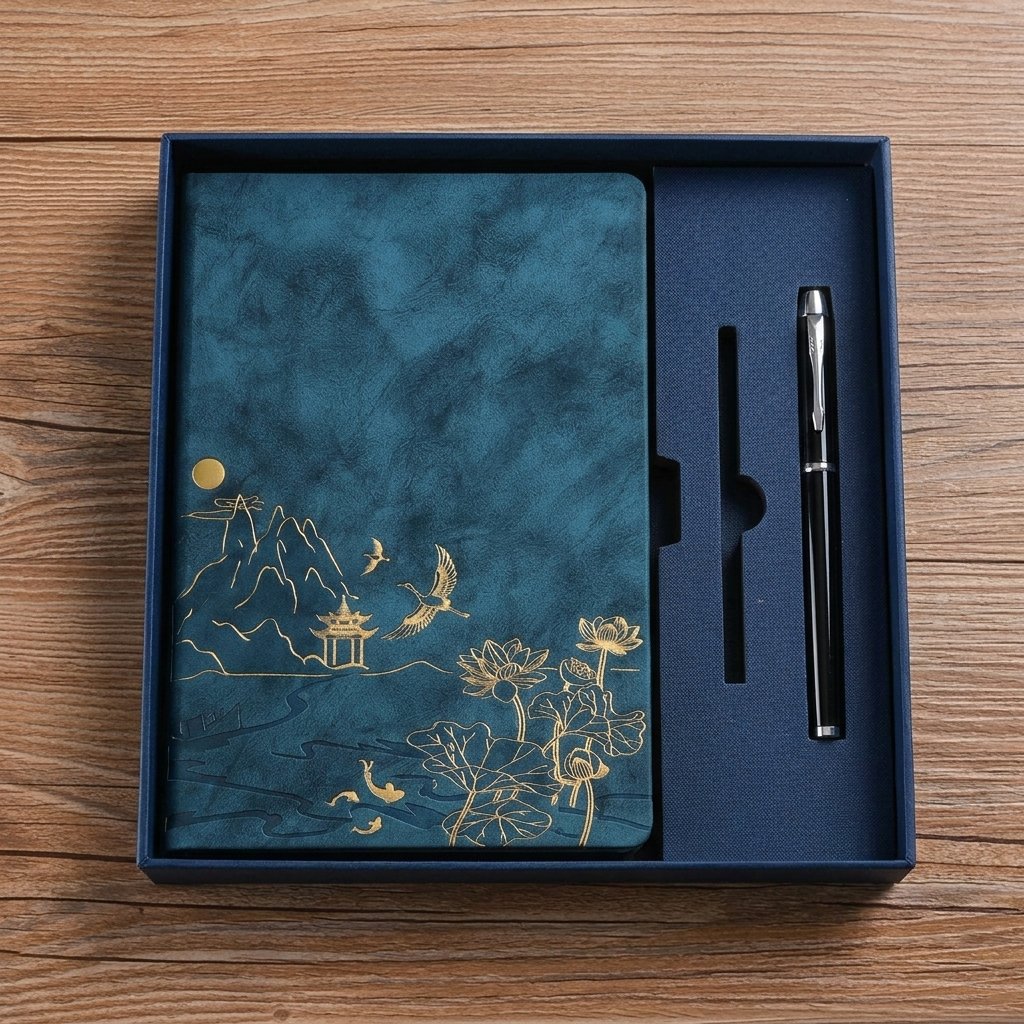 A5 Notebook & Pen Gift Set with Gold Embossed Cover — Blue