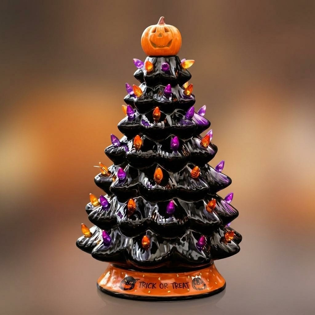 Ceramic Halloween Holiday Tree with Glowing LED Lights and Pumpkin Topper — Green+Black