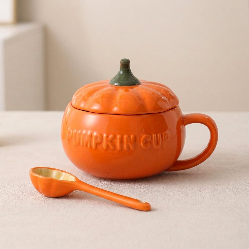Ceramic Pumpkin Mug with Lid and Spoon – Seasonal Novelty Cup for Hot and Cold Drinks — 850ml