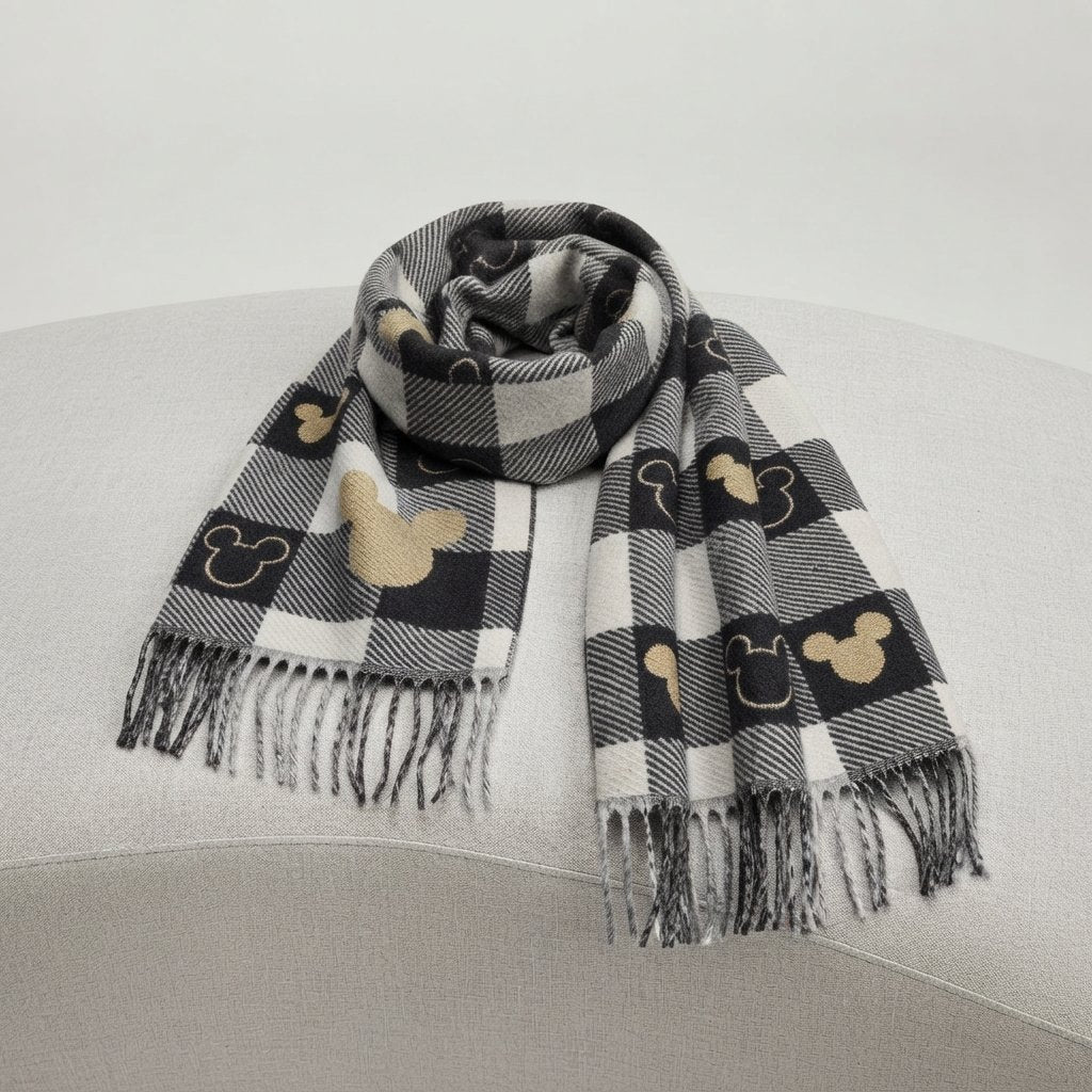 Checked Winter Scarf with Motif Print and Tassels — Black Grey Heart