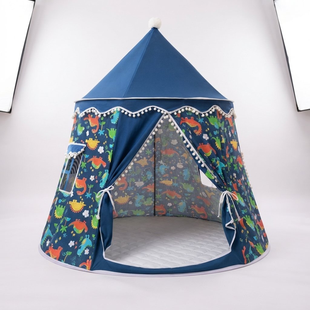 Children's Indoor Play Tent with Pom-Pom Detail — Blue Dinosaur