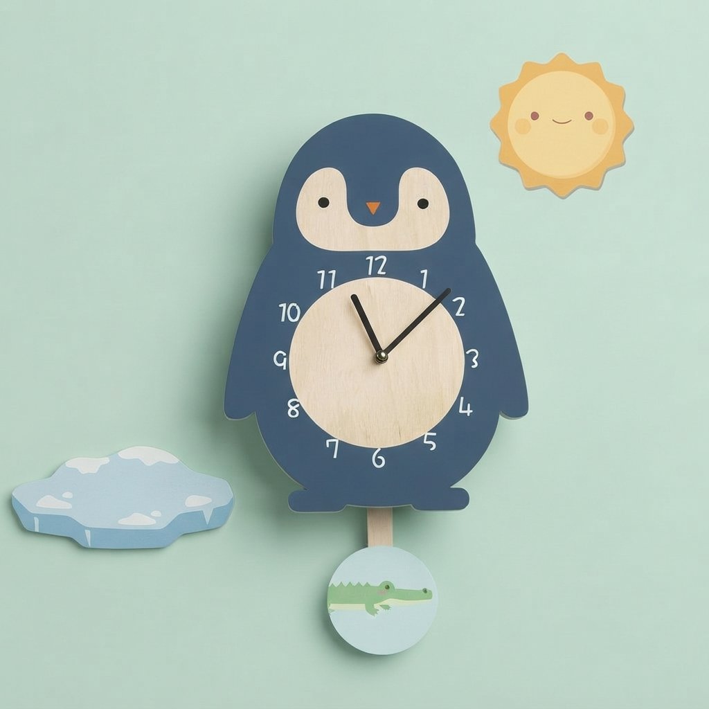 Children's Pendulum Wall Clock with Animal Design — Penguin