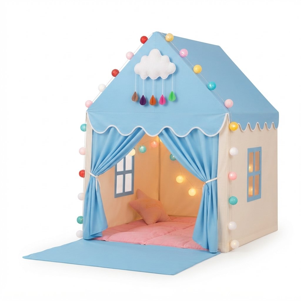 Children's Play House Tent with Padded Mat and Lights — Blue