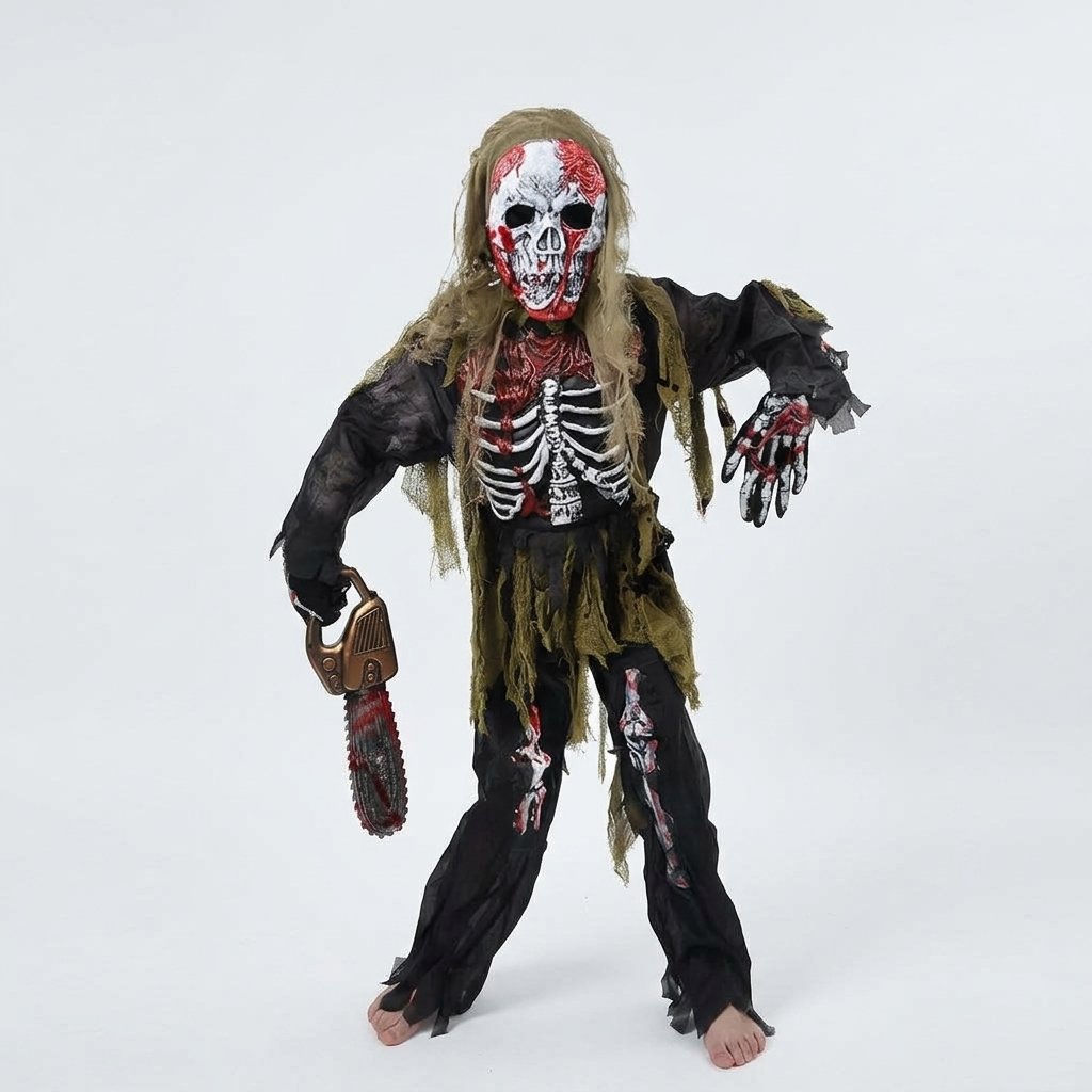 Children's Zombie Skeleton Halloween Costume Set with Skull Mask and Skeleton Gloves — L