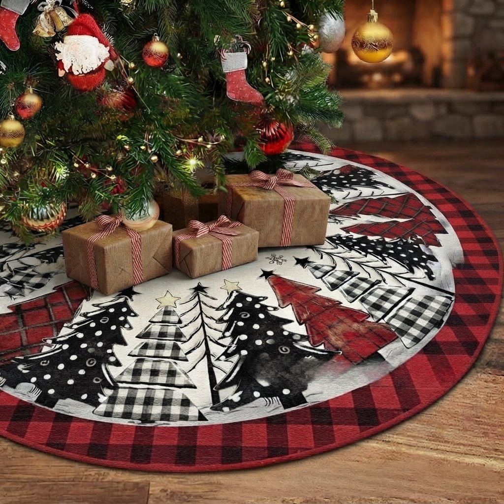 Christmas Tree Skirt, Buffalo Check Patchwork, Round Fabric — 182.88 cm / 72 in Round