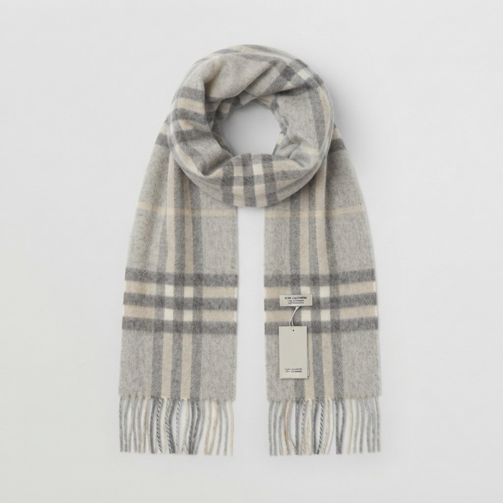 Classic Check Scarf with Fringe, Wool-Feel Wrap — Cream Grey