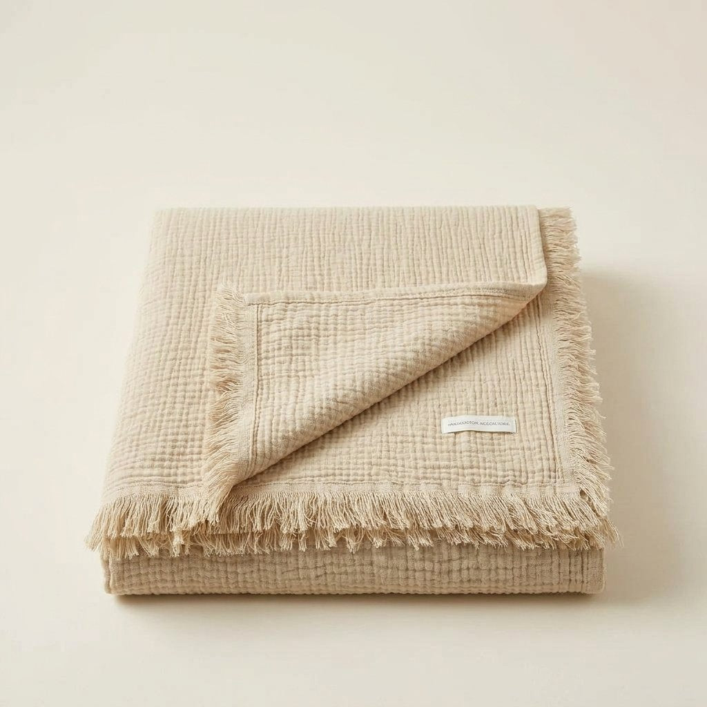 Cotton Crinkle Throw with Tassels, 100% Cotton — Cream