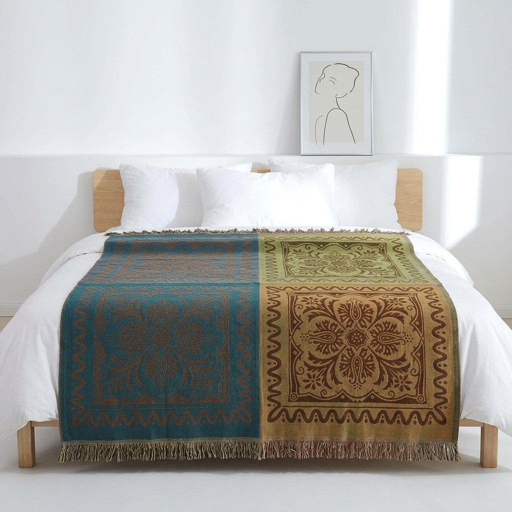 Cotton Tassel Throw Blanket with Mandala Pattern — Teal