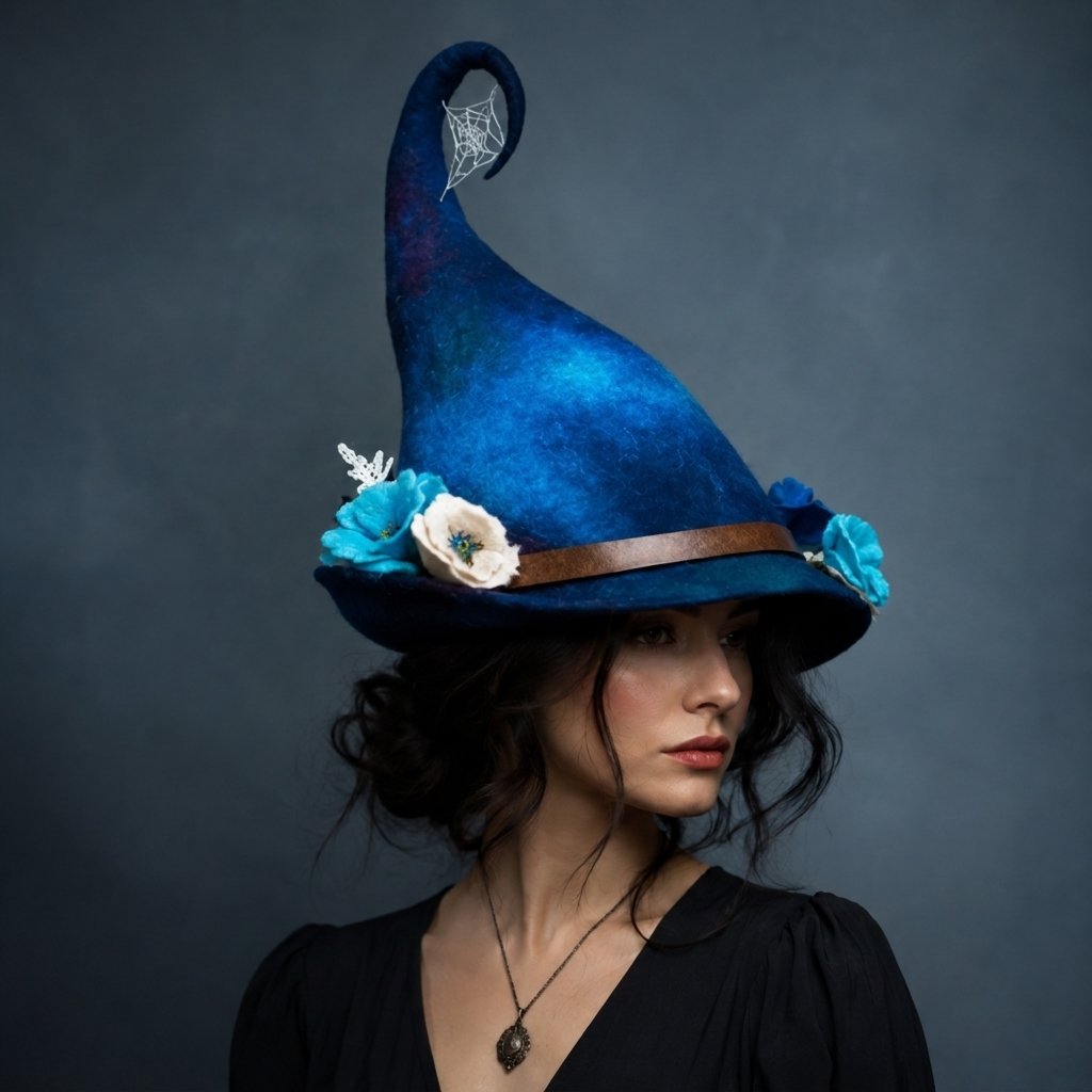 Decorated Witch Hat with Felted Wool, Forest Embellishments and Whimsical Curled Tip — Blue
