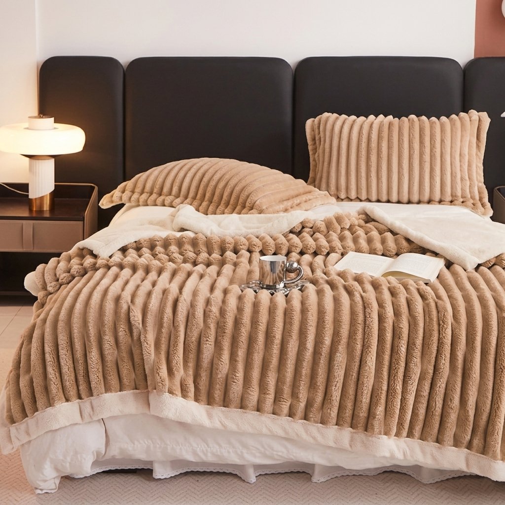 Faux Fur Fleece Blanket, Dual-Sided Plush Throw — Coffee