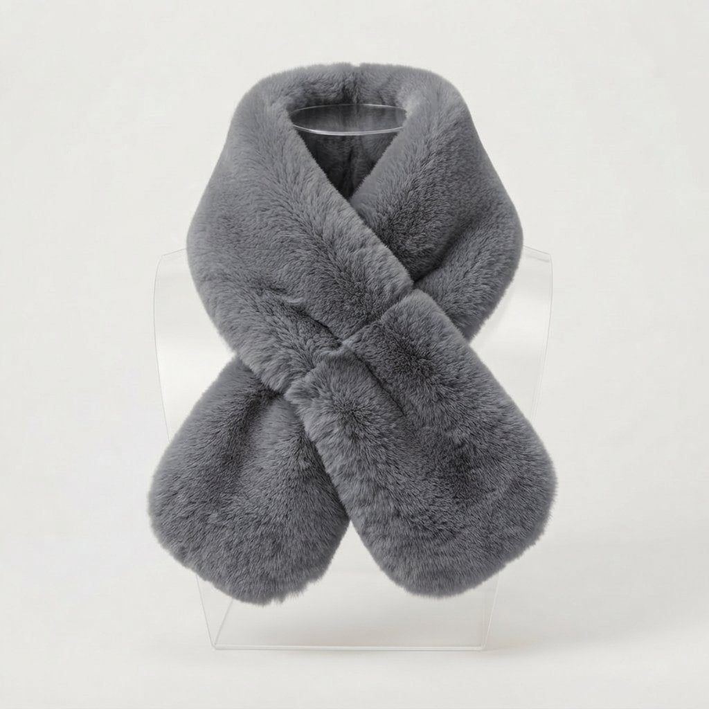 Faux Rabbit Fur Collar Scarf – Plush Knit-Backed — Grey