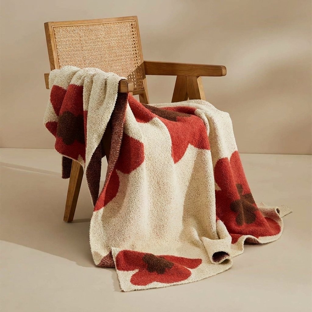 Floral Knitted Throw Blanket – Soft Bouclé, 47×59 in — Candy Red