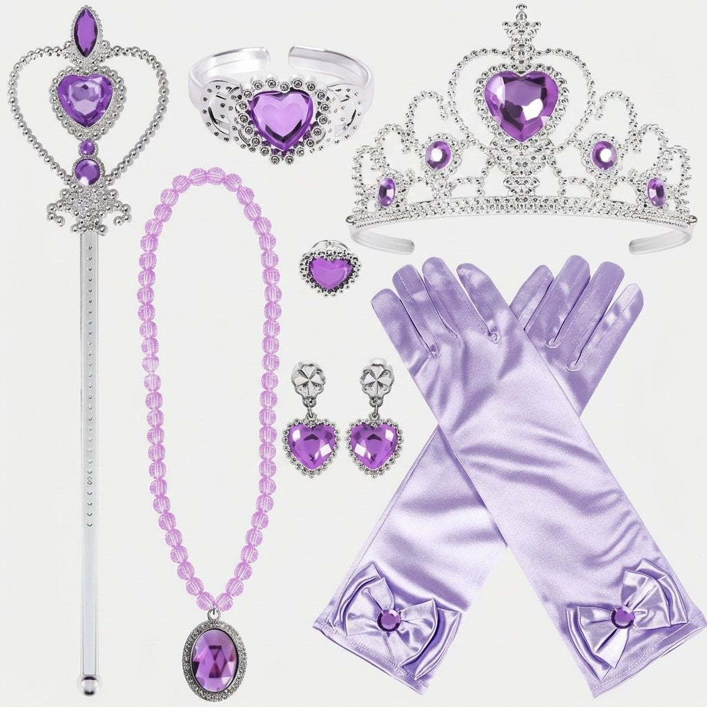 Girls' Princess Dress-Up Accessory Set – Tiara, Wand, Gloves, Necklace, Bracelet, Earrings and Ring — Purple