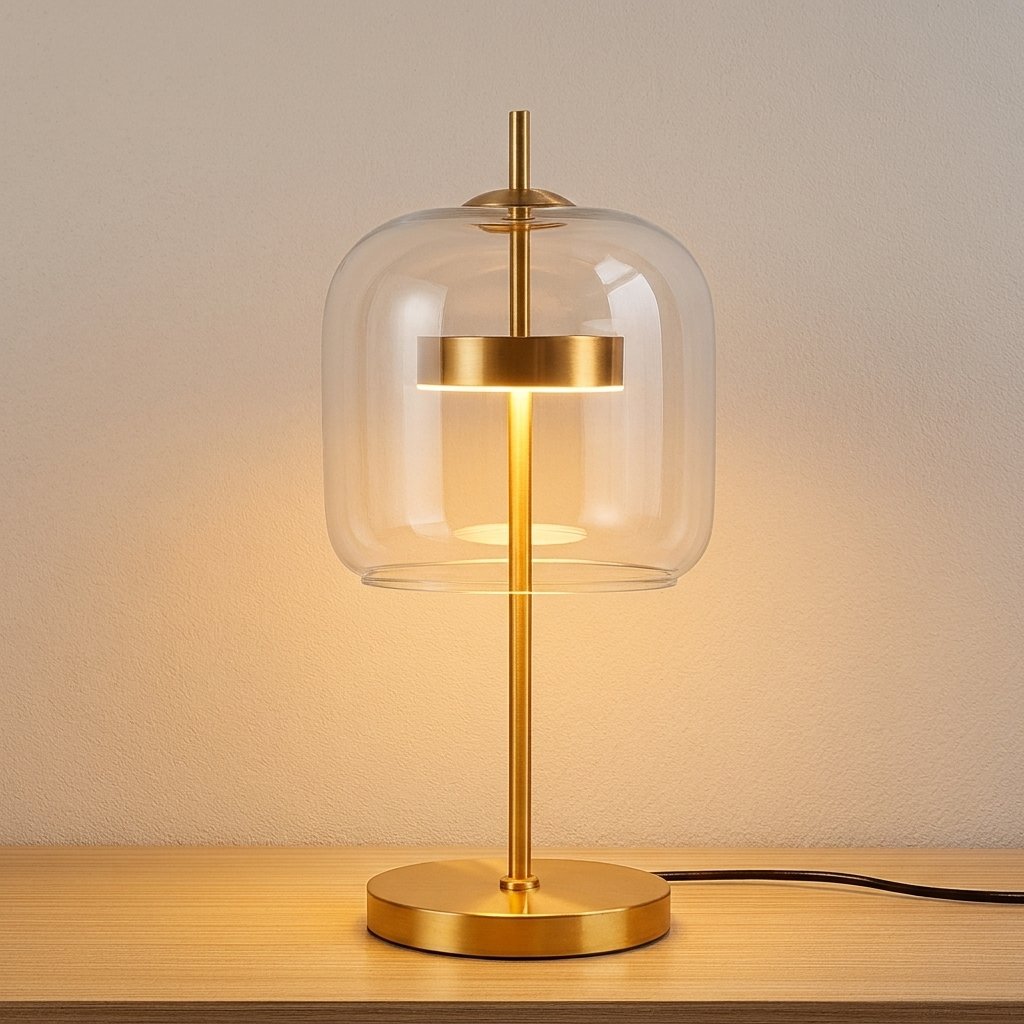 Glass Dome Table Lamp with Gold Iron Base, LED — Transparent