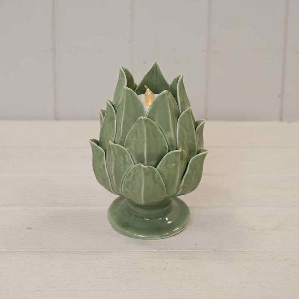 Glazed Artichoke Ceramic Tealight Holder — Green