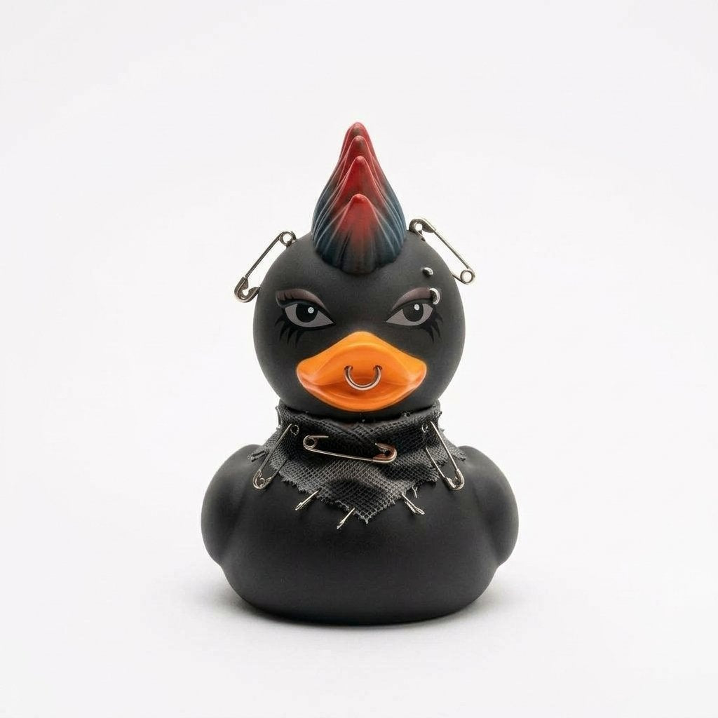 Goth Rubber Duck Decoration with Studded Collar, Chains and Moulded Details – Gothic and Punk Character Variants — C