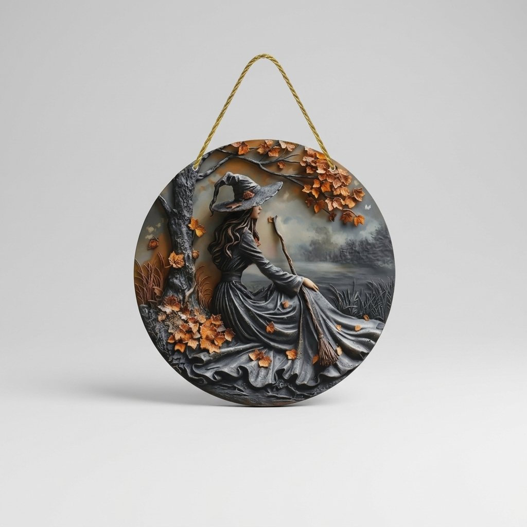 Halloween 3D Relief Witch Wall Plaque with Gnarled Branch Border and Rope Hanger — Witch by Water