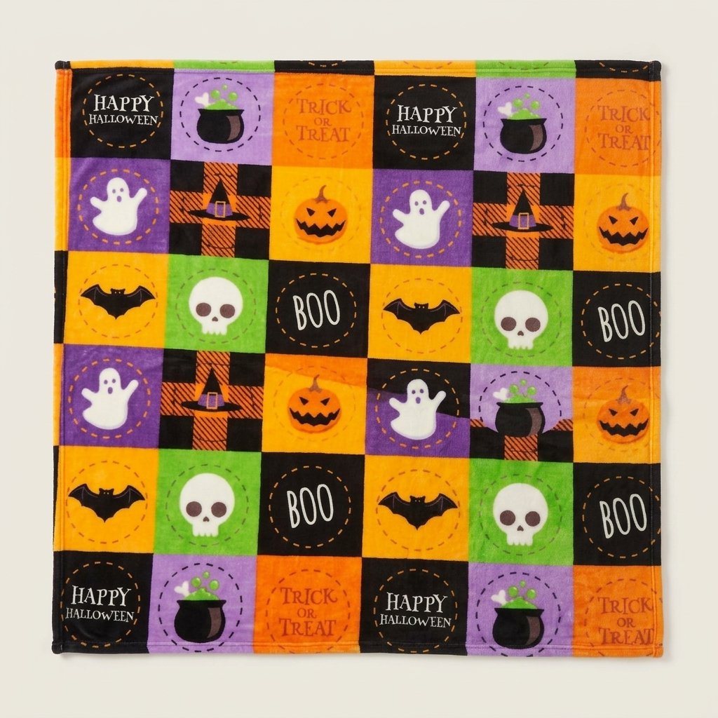 Halloween Fleece Throw Blanket with Bat, Ghost and Pumpkin Pattern — 150x200cm