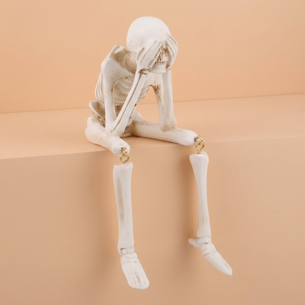 Halloween Skeleton Shelf Sitter Set of 3 with Dangling Legs – See No Evil, Hear No Evil, Speak No Evil Figurines — Dark Beige