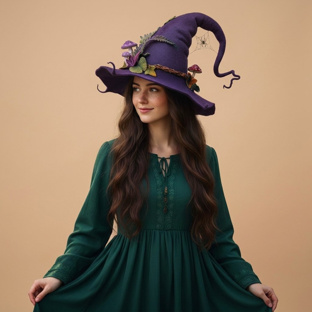 Handmade Felted Wool Witch Hat with Spiderweb Embroidery and Floral Accents — Blue