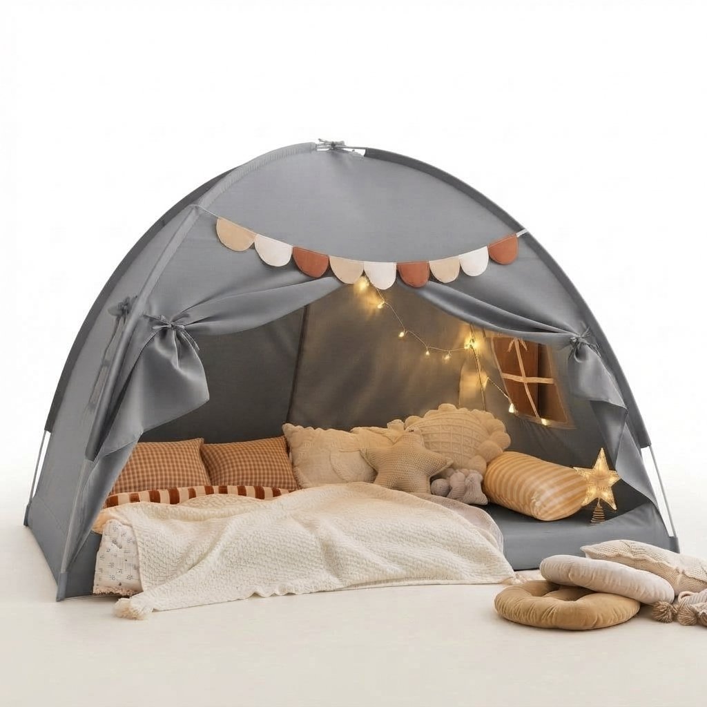 Kids Bed Play Tent with Star Lights and Flags — Grey