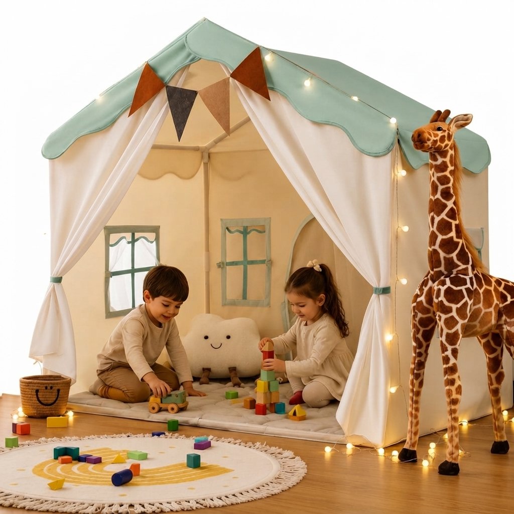 Kids Indoor Play Tent with Lights and Padded Mat — Green