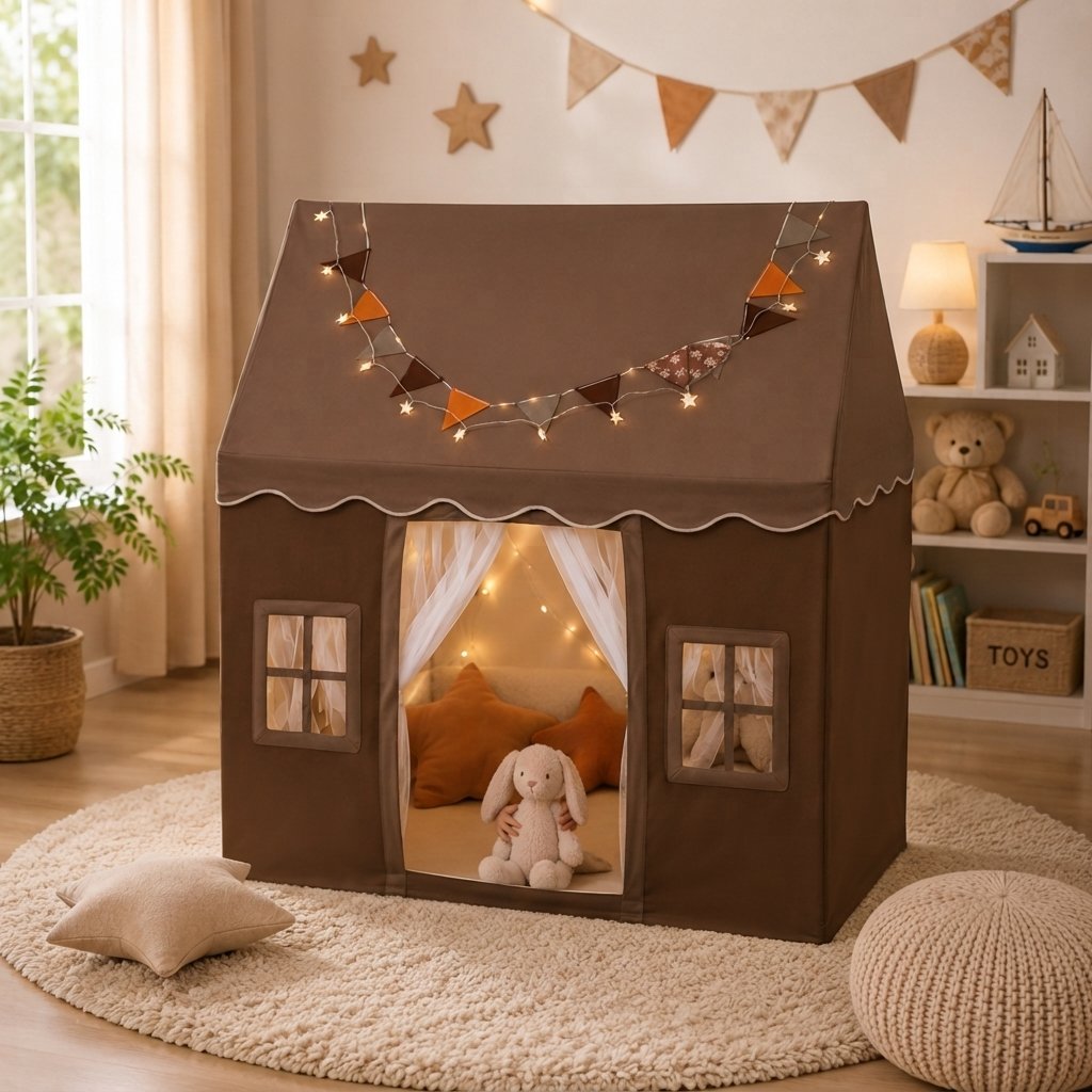 Kids Indoor Playhouse Tent with Bunting and Curtains — Coffee