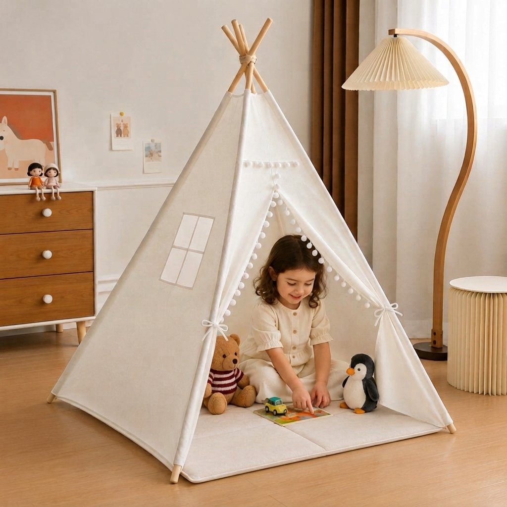 Kids Teepee Play Tent with Pom-Pom Trim, Cotton Canvas — 1.6m With Mat