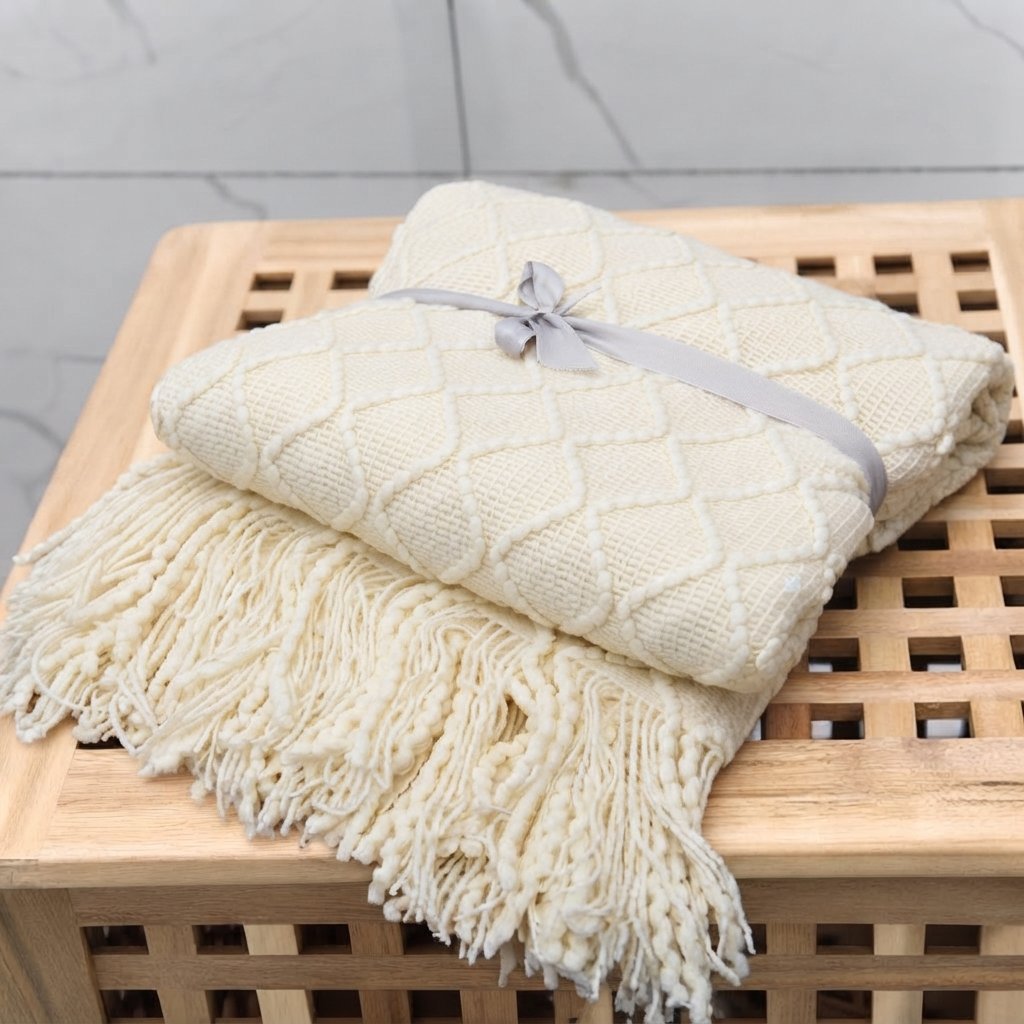 Knitted Throw Blanket with Tassels – Diamond Weave — Modern White