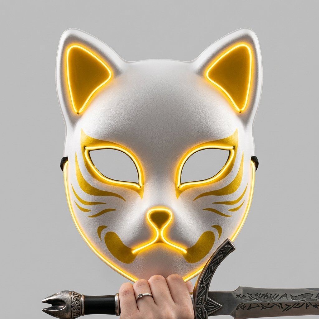 LED Kitsune Fox Mask with EL Wire Glow and Anime-Inspired Design — Yellow