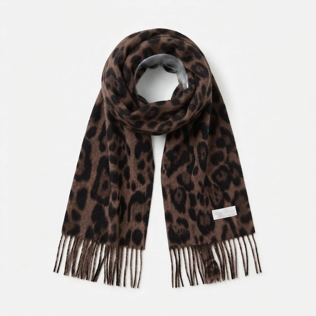 Leopard Print Tassel Shawl Scarf with Faux Cashmere Feel — Coffee