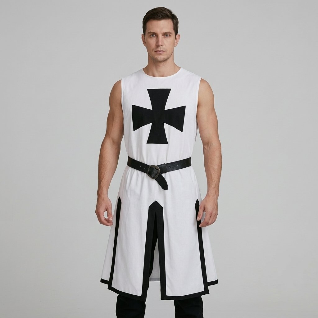 Medieval Crusader Knight Tunic Costume with Cross Pattée Design and Split Hem Panels — White/Black