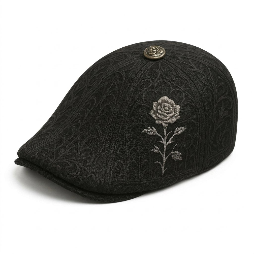 Men's flat cap with skull and rose embroidery — Model 3