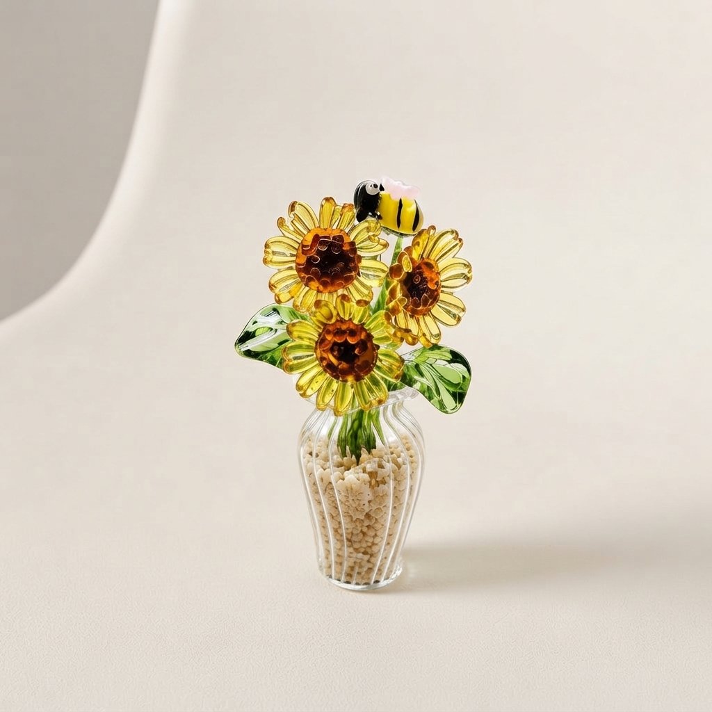 Miniature Glass Flower Set with Fluted Vase — 3PCS Sunflower + 2 Leaves + Bee + Vase